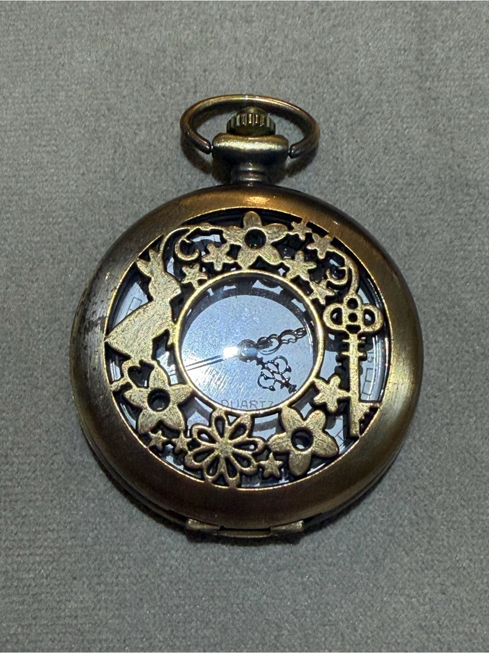 Bronze Floral Pocket Watch with Key & Rabbit Cutout
